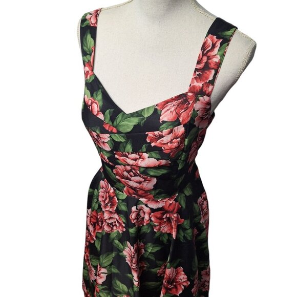 Papillon Rose Dress Womens Large Midi Tie Belt Waist Zip Back Pink Green Floral - Picture 15 of 15